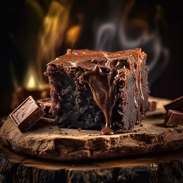 Una pila di brownies al cioccolato su fondo di legno con foglia di menta sulla parte superiore panetteria fatta in casa