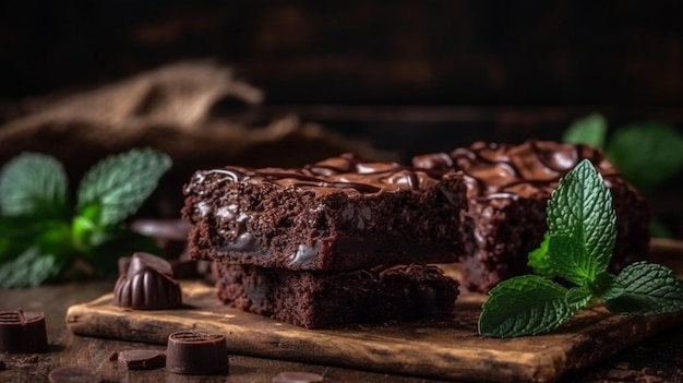 Una pila di brownies al cioccolato su sfondo di legno con foglia di menta in cima panetteria e dessert fatti in casa
