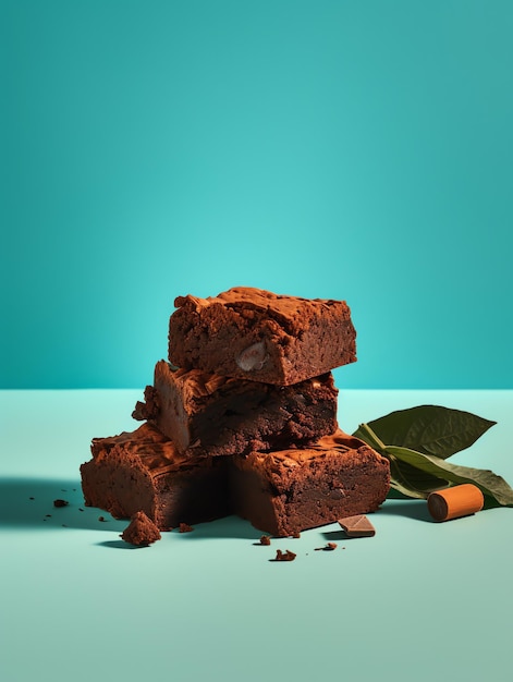 Una pila di brownies con sopra una foglia verde