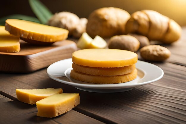 Una pila di cheesecake su un piatto con patate sul lato.