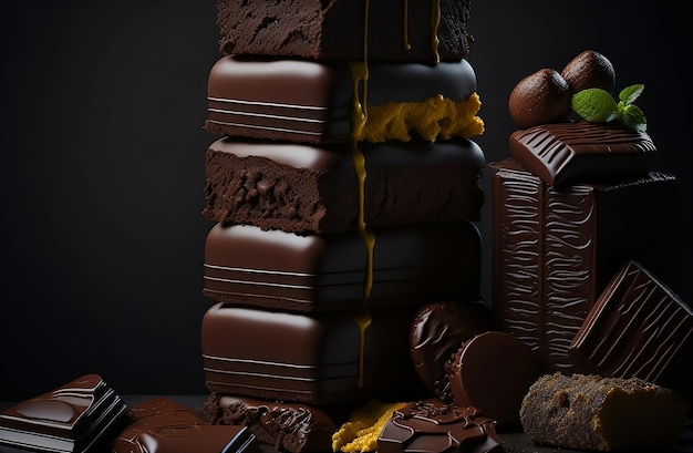 Una pila di cioccolatini con uno sfondo scuro mazzo di cioccolatini su sfondo scuro palo di cioccolato