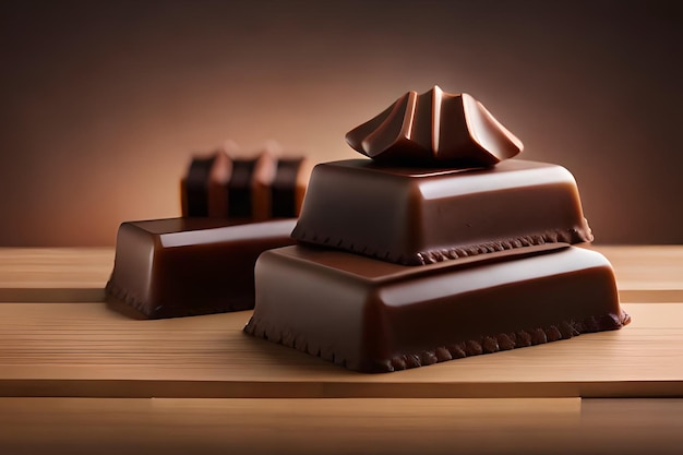 Una pila di cioccolatini su una tavola di legno con uno sfondo marrone.