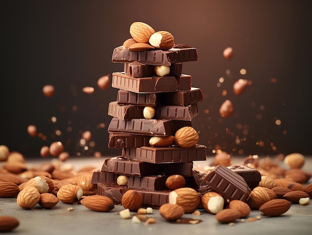 Una pila di cioccolato con noci su una tavola leggera