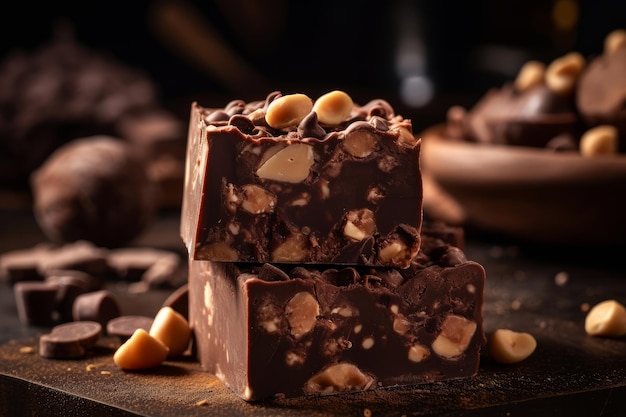 Una pila di cioccolato fondente con una pila di cioccolatini in cima