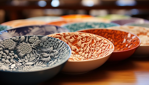 Una pila di ciotole di ceramica ornate una collezione di souvenir culturali generati dall'intelligenza artificiale