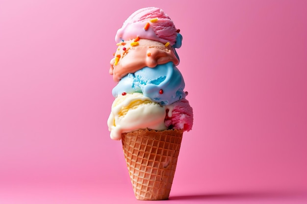 Una pila di coni gelato colorati con granelli in cima.