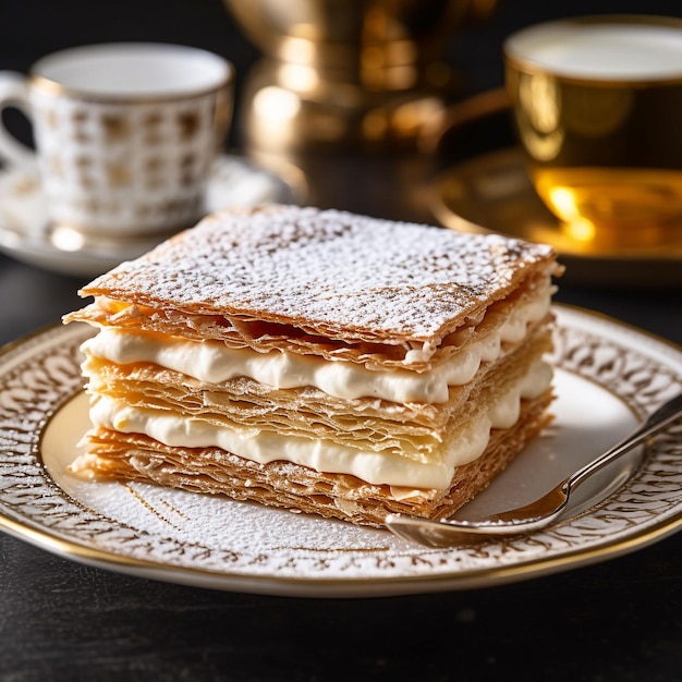 Una pila di crepes francesi su un piatto con un bordo dorato.