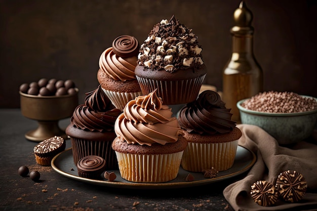 Una pila di cupcakes al cioccolato, ciascuno con una guarnizione e un contorno diversi disposti su un piatto creato