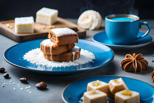 una pila di dessert con una ciotola blu di cioccolatini sul tavolo.