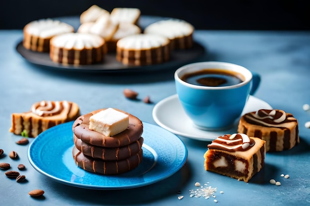 una pila di dessert con una tazza di caffè e una tazza de caffè.