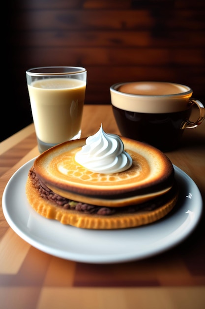 Una pila di frittelle con panna montata sopra accanto a una tazza di caffè.