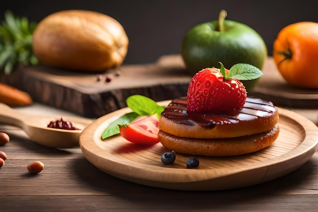 Una pila di frittelle con sopra una fragola