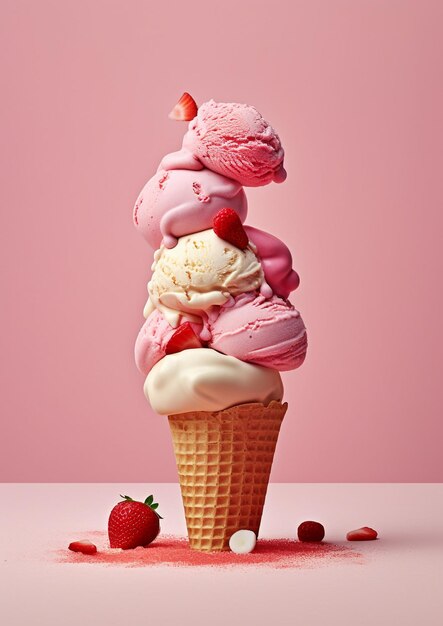 Una pila di gelato con la fragola in cima