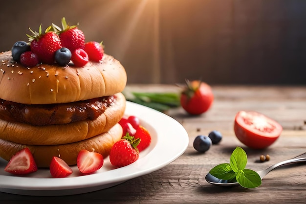 Una pila di hamburger con frutti di bosco in cima