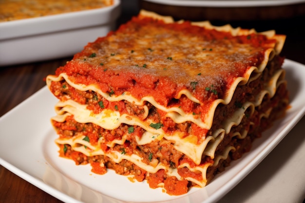 Una pila di lasagne con uno degli strati sopra.