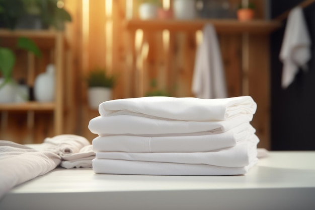 Una pila di lenzuola pulite sullo sfondo sfocato della lavanderia AI generativa