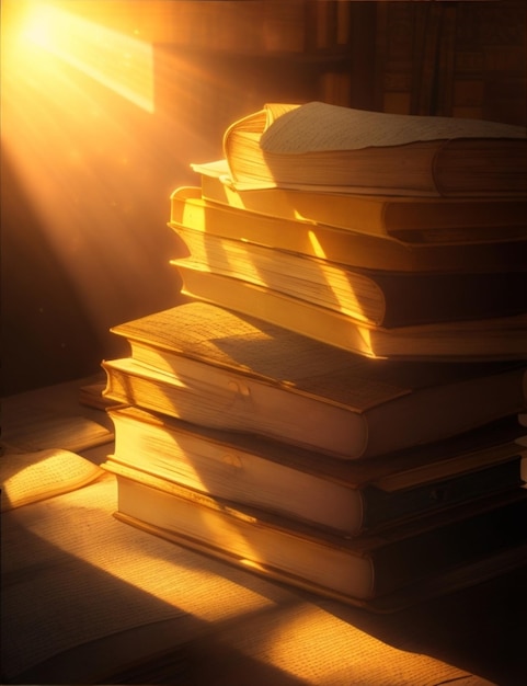 Una pila di libri antichi con le pagine ingiallite dal tempo illuminate da un solo raggio di sole