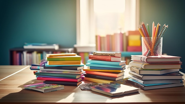 Una pila di libri colorati e matite sul tavolo Il concetto di educazione scolastica dei bambini AI generato