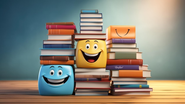 Una pila di libri con facce sorridenti