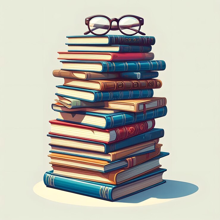una pila di libri con gli occhiali sopra di loro