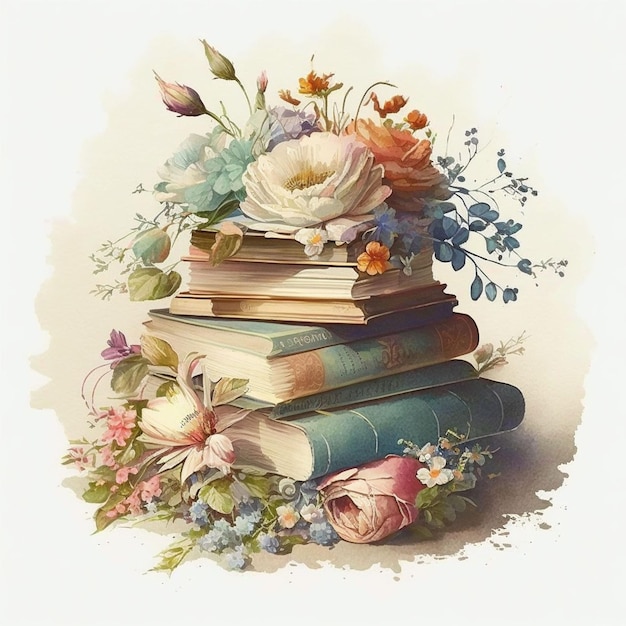 Una pila di libri con sopra dei fiori