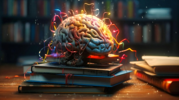 Una pila di libri con sopra un cervello