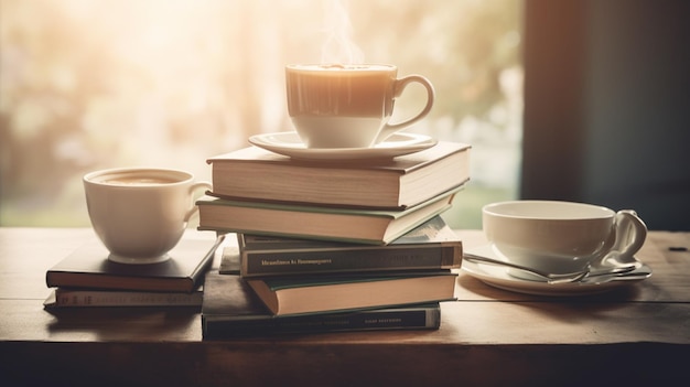 Una pila di libri con sopra una tazza di caffè