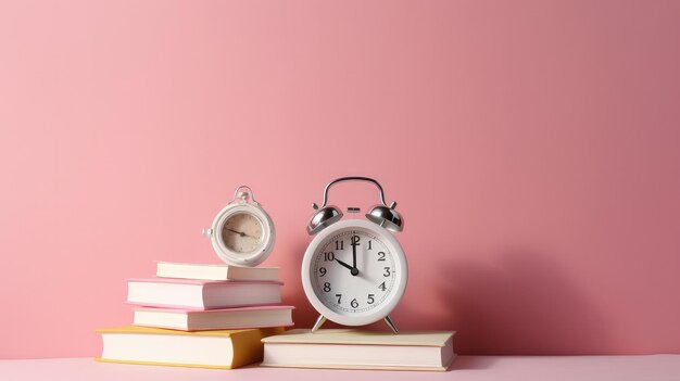 Una pila di libri con un orologio