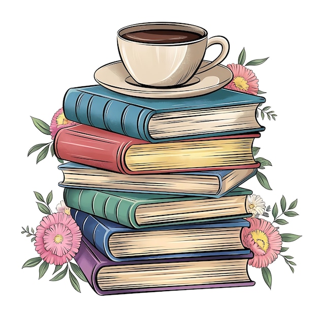 una pila di libri con una tazza di caffè