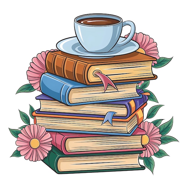 una pila di libri con una tazza di caffè