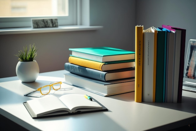 Una pila di libri da vicino su una scrivania Vista frontale pila di libri Pila di libri colorati sul tavolo di studio