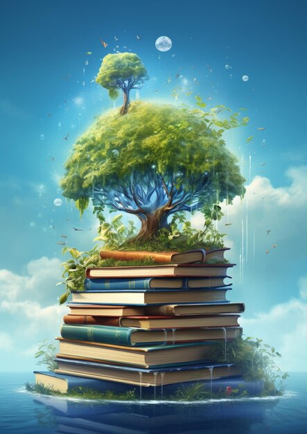 Una pila di libri e un albero