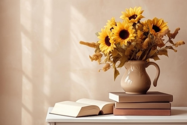 Una pila di libri e un vaso di girasoli su uno sfondo di colori caldi Illustrazione generativa di AI