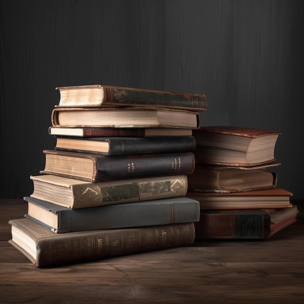 Una pila di libri polverosi su un tavolo di legno