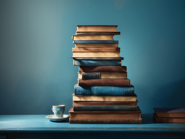 una pila di libri su un tavolo accanto a un muro blu in stile vintage retrò