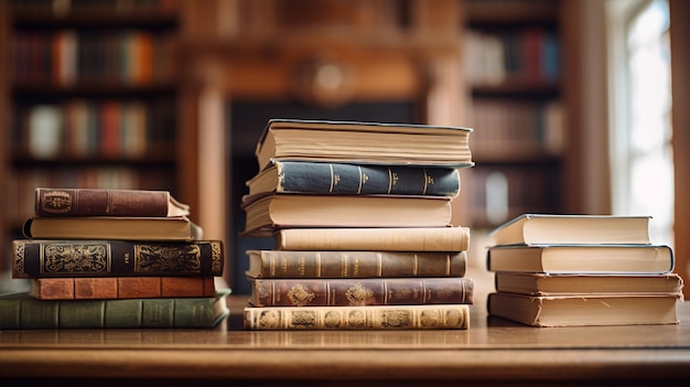 Una pila di libri su un tavolo La biblioteca dell'università sullo sfondo La pila di libri in vista ravvicinata