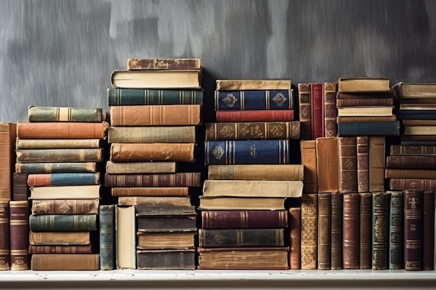 Una pila di molti vecchi libri sullo scaffale in un negozio di libri o in una sala della biblioteca con uno sfondo bianco sulla parete