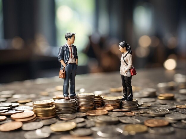 Una pila di monete con una banca e un paio di figurine in piedi accanto a una pila di monete