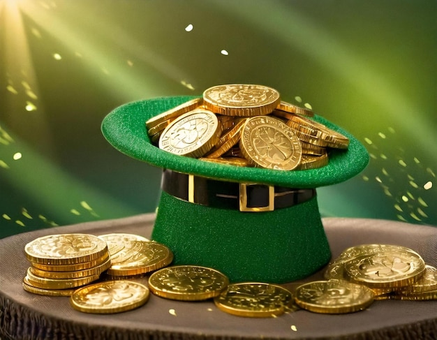 Una pila di monete d'oro puro all'interno del cappello verde di San Patrizio