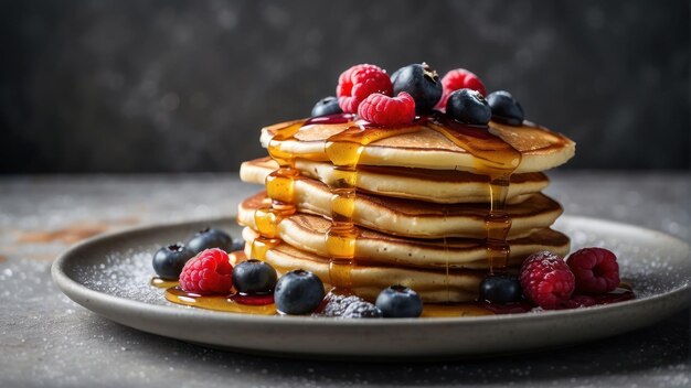 Una pila di pancake con bacche e sciroppo