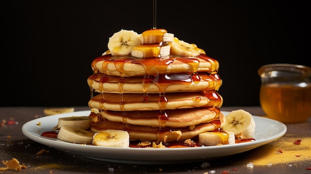 una pila di pancake con banane e sciroppo sopra di loro