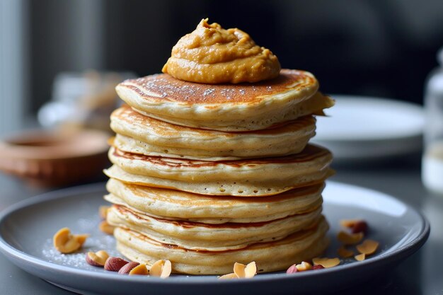 Una pila di pancake con burro di arachidi