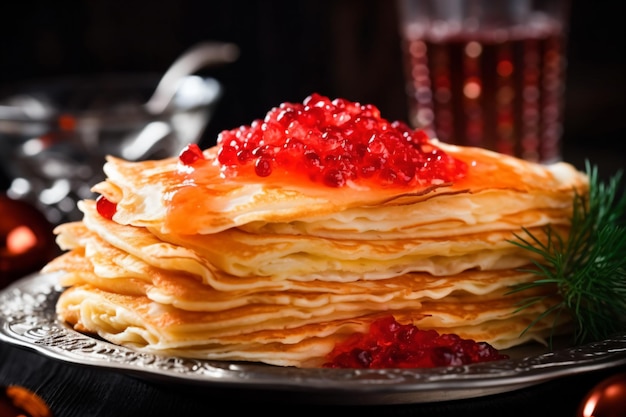 una pila di pancake con cavia rossa in cima