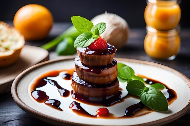 Una pila di pancake con sciroppo e frutta sopra.