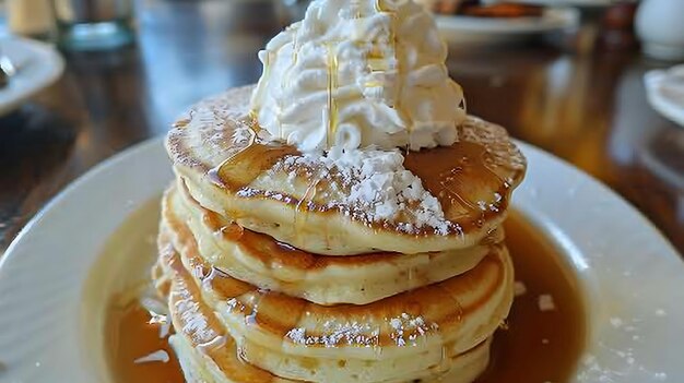una pila di pancake con zucchero in polvere in cima