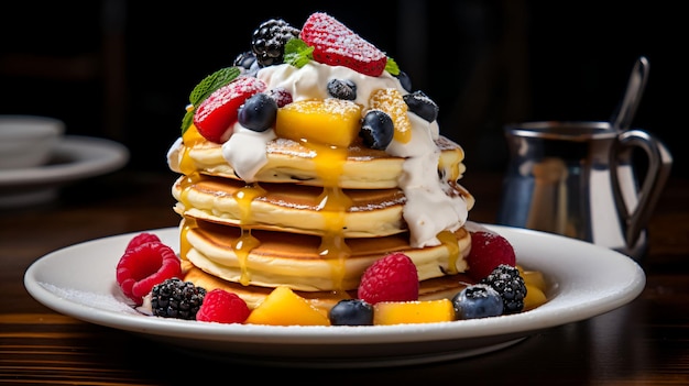 Una pila di pancake conditi con fragole, mirtilli e panna montata