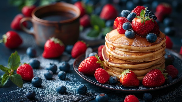 Una pila di pancake coperti di bacche e sciroppo