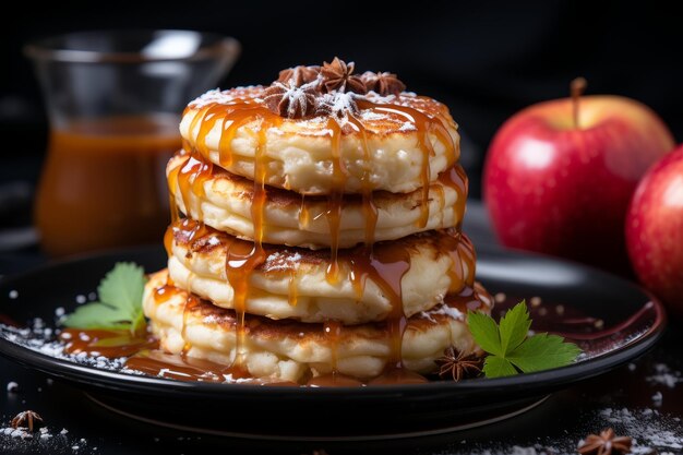 Una pila di pancake soffice con strati di marmellata di mela e cannella su uno sfondo di piastrelle vivaci