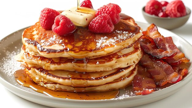 Una pila di pancake soffici serviti con una generosa goccia di sciroppo d'acero sormontato da un pizzico di mel