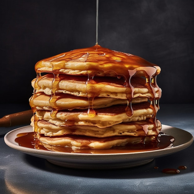 Una pila di pancake spessi su un piatto con miele sopra di loro pancake casalinghe su sfondo nero